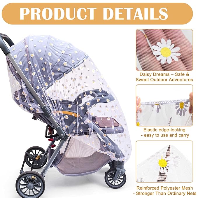 Baby Stroller Mosquito Net (2 Pack) - Durable Mesh Protection for Bassinets, Cradles, Playards, Pack N Plays & Portable Mini Cribs | Breathable Universal Fit Insect Barrier (Black + Daisy)-CubbioJoy