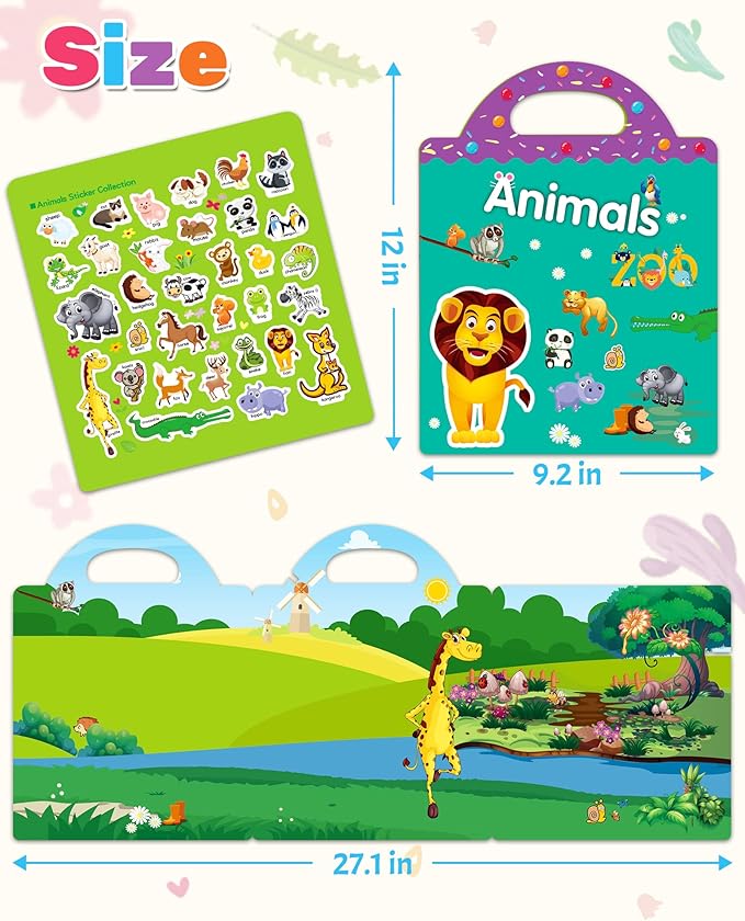 Benresive Reusable Sticker Book for Toddlers 2-4 Years, Fun Travel Stickers for Kids, Waterproof Sticker Books for Toddlers 1-3, Crafts Activities for Todddlers 1-3 2-4 3-5 - Animals Zoo-CubbioJoy