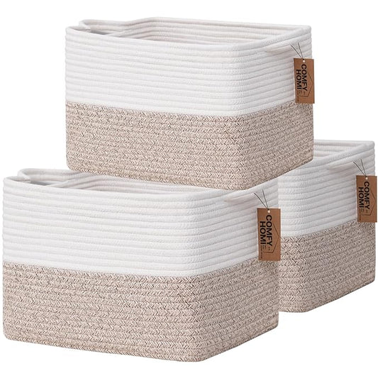 COMFY-HOMI 3-Pack Cotton Rope Woven Basket with Handles for Shelves, Books, Toys, Cloth Storage|Towel Storage|Nursery Baby Basket - 13.5" x 11" x 9.5" for Living Room (White/Brown)-CubbioJoy