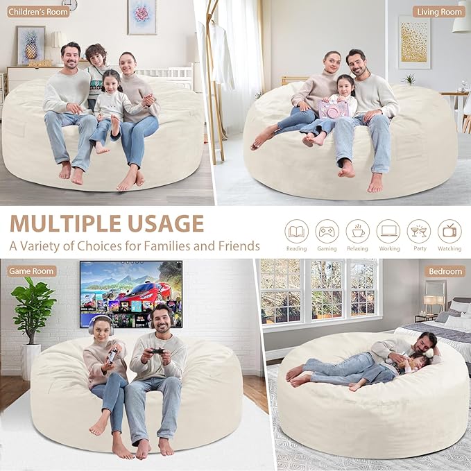 6FT Bean Bag Chair, Large Bean Bag Chairs with Memory Foam Filled, Fluffy Beanbag Sofa with Dutch Velvet Cover, Round BeanBag Chairs for Living Room, Playroom- Beige-CubbioJoy