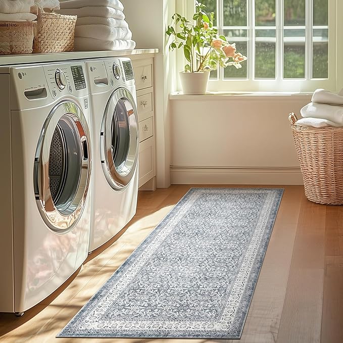 jinchan Hallway Runner Rug 2x10 - Machine Washable Grey Vintage Floral Distressed Design Soft Non-Slip Low-Pile Ultra-Thin Runner Rug for Kitchen Laundry Room Bedroom Farmhouse (2‘x10',Grey)-CubbioJoy