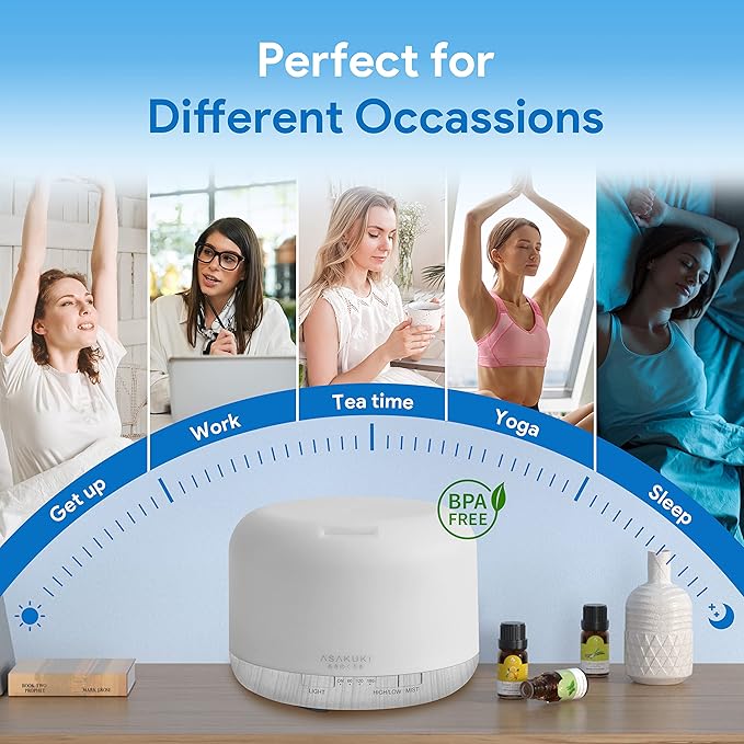 ASAKUKI 500ml Premium Essential Oil Diffuser with Remote Control, 5 in 1 Ultrasonic Aromatherapy Fragrant Oil Humidifier Vaporizer, Timer and Auto-Off Switch (White)-CubbioJoy