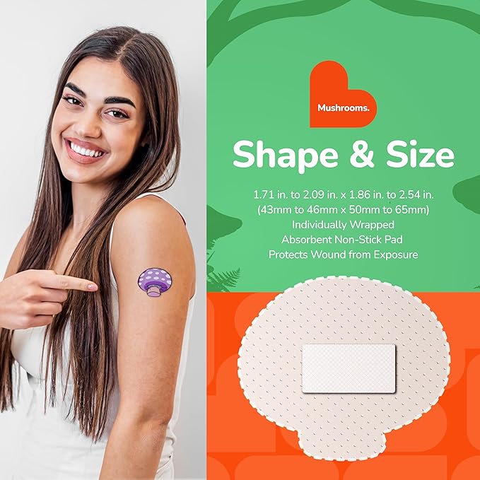 BioSwiss Bandages, Mushroom Shaped Self Adhesive Bandage, Latex Free Sterile Wound Care, Fun First Aid Kit Supplies for Kids and Adults, 24 Count-CubbioJoy