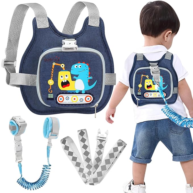 Accmor Toddler Harness Leash+ Reflective Anti Lost Wrist Link, Cute Dinosaur Kids Harness with Leash, Collapsible Child Leash Baby Boys Walking Wristband Assistant Strap Belt for Outdoor Travel-CubbioJoy