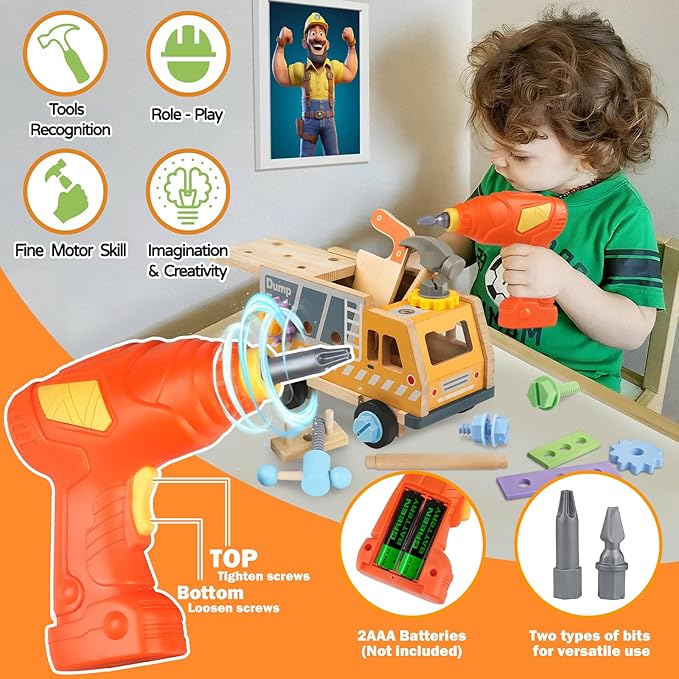 Aliex 38PCS Kids Wooden Truck Tool Set with Toy Drill for Toddlers Ages 3 4 5 6,Montessori STEM Educational Learning Construction Workbench Pretend Play Tool Kit,Birthday Sensory Gift for Boys Girls-CubbioJoy