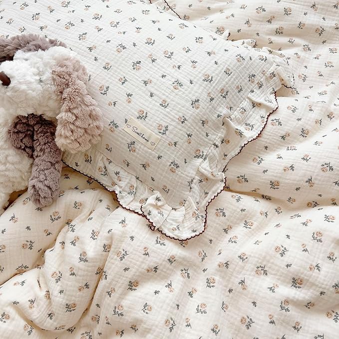 BuLuTu Cotton Muslin Kids Toddler Pillowcase with Cute Rose Flowers Super Soft Standard Nursery Pillowcase for Boys,Girls,Bedding Decor Machine Washable, Durable Pillowcase,1 Piece-CubbioJoy