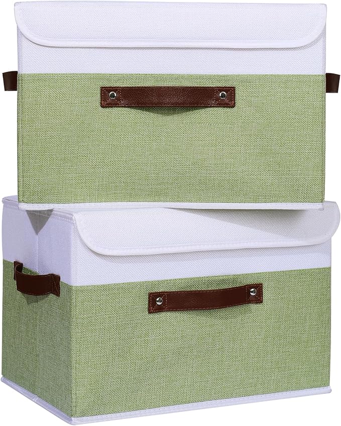 ANMINY 4PCS Storage Boxes with Lid Washable Decorative Storage Bins Basket with PU Leather Handle Foldable Linen Fabric Storage Cubes Containers for Home Closet Organizer - Green White, Large Size-CubbioJoy
