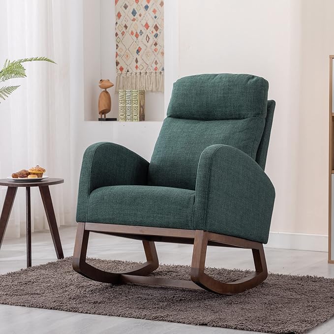 Dolonm Nursery Rocking Chair for Living Room, Upholstered Mid-Century Modern Nursery Rocking Armchair Tall Back Accent Glider Rocker, Emerald-CubbioJoy