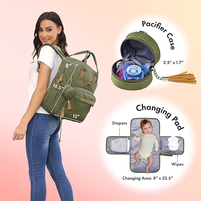 Dikaslon Diaper Bag Backpack with Portable Changing Pad, Pacifier Case and Stroller Straps, Large Unisex Baby Bags for Boys Girls, Multipurpose Travel Back Pack Moms Dads, Green-CubbioJoy
