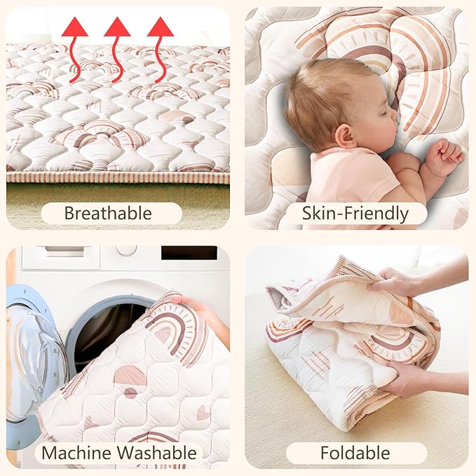 Baby Play Mat, 50x50 Playpen Mat with Super Soft Touch, Activity Mat with Upgraded Anti-Slip Bottom, Machine Washable Crawling Mat for Floor & Picnic(Boho Rainbow)-CubbioJoy