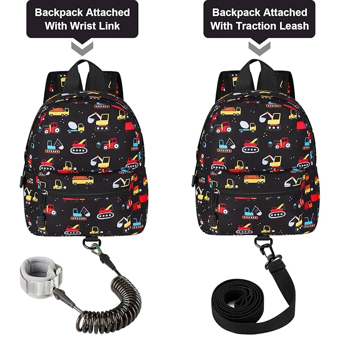 Accmor Toddler Backpack Harness with Leash, Cute Baby Backpacks with Anti Lost Wrist Link, Mini Kids Backpack Tether Walking Harness for Travel Outdoor, Black Excavator Backpack Tether for Boys Girls-CubbioJoy