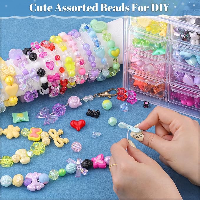 Assorted 400PCS 8 Colors Mixed Acrylic Beads for Bracelet Making, Flower Bow Butterfly GummyBear Aesthetic Bracelet Charms,Cute Beads for Jewelry Making DIY Necklace Keychain Phone Charm-CubbioJoy