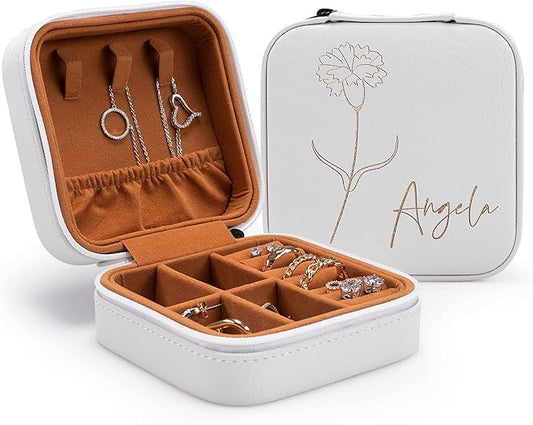 Custom Leather Jewelry Box w/Name & Birth Flower Month - Birthday Gifts for Women, Personalized Jewelry Travel Case - Customized Jewelry Organizer Box, Mom Birthday Gifts - White-CubbioJoy