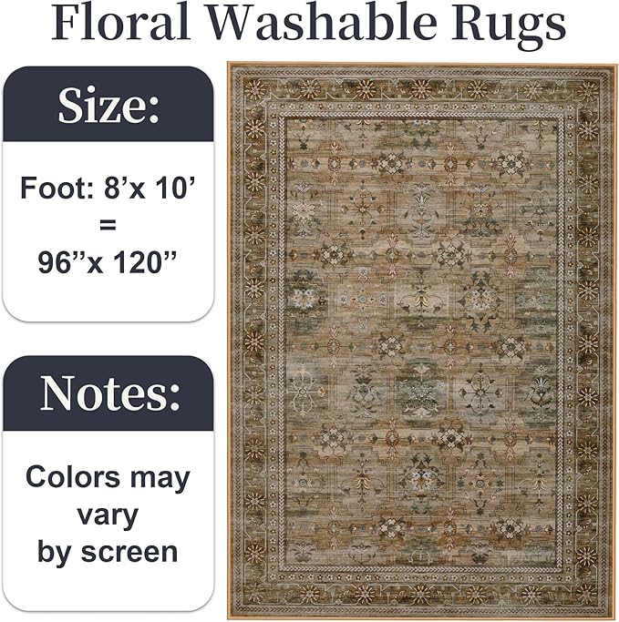 8x10 Washable Area Rug for Living Room, Non Slip Vintage Floral Print Rugs No Shedding, Distressed Thin Retro Accent Carpet for Bedroom Nursery Farmhouse Dining Room Olive/Charcoal-CubbioJoy