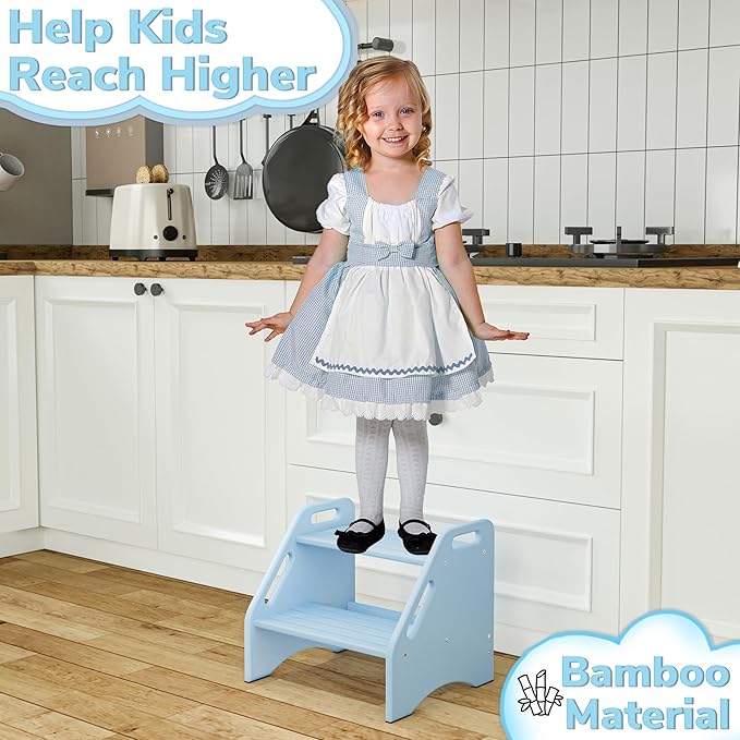AMBIRD Wooden Step Stool, Two Step Stools 300 lbs Capacity with Safety Non-Slip Pads and Handles, Bamboo Step Stool for Bathroom, Kitchen Dual Height Step Stools for Kids (Sky Blue)-CubbioJoy