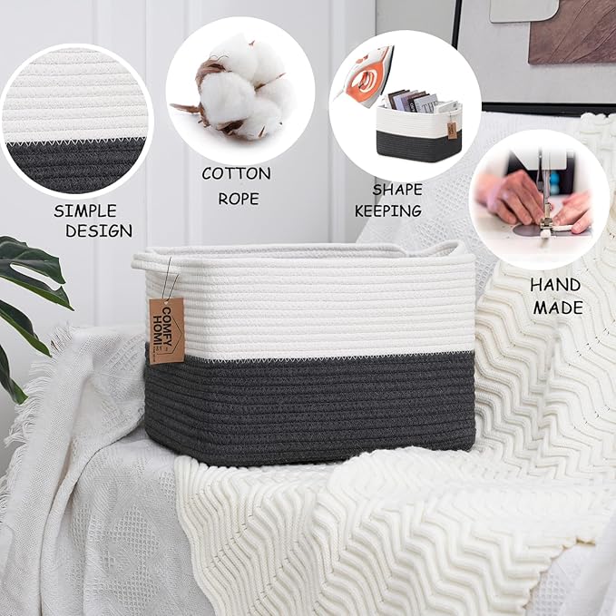 COMFY-HOMI Cotton Rope Woven Basket with Handles for Shelves,Toys,Book, Cloth Storage Baskets Bin for Organizing-13.5"x11"x9.5" Toy Decorative Organizer for Living Room, Bathroom-White/Dark Grey-CubbioJoy