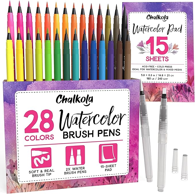 Chalkola Watercolor Brush Pens for Lettering, Coloring, Calligraphy - Set of 28 Watercolor Pens, 15 Painting Pad & 2 Water Color Markers - Drawing Art Supplies for Kids, Adults, Professional Artist-CubbioJoy