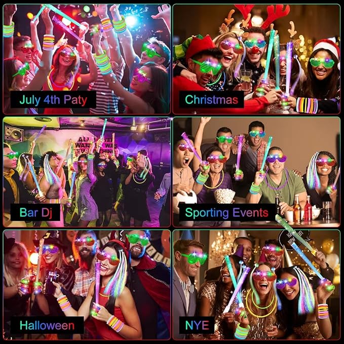 290 PCS Glow in the Dark Party Supplies, 200 Glow Sticks, 24 Fiber Optic Wands, 15 LED Glasses, 33 Finger Lights and 18 LED Hair Clips for Wedding, Birthday, Concert, Raves, New Year-CubbioJoy