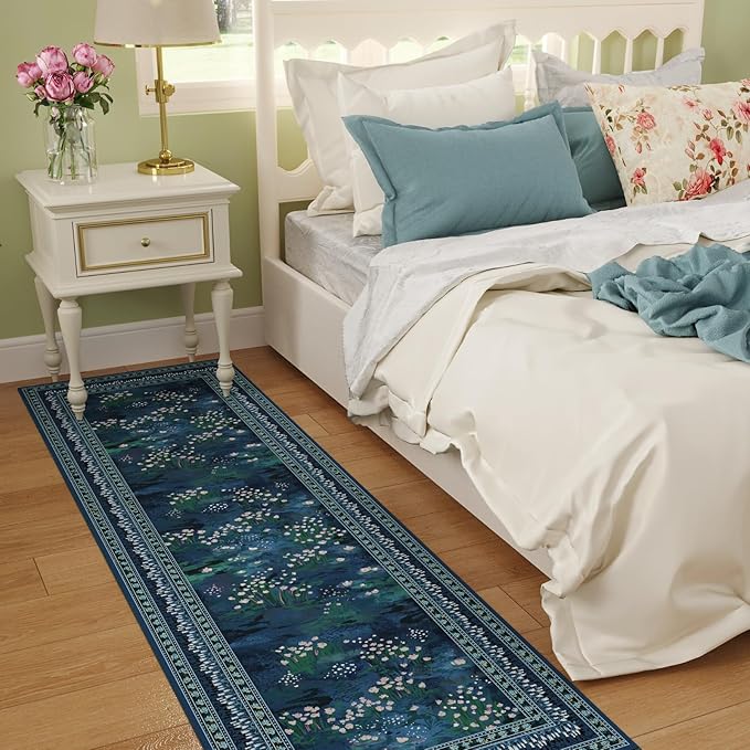 2x6 Runner Rug Impressionist-Style Vintage Kitchen Rugs Non Slip Washable Soft Carpet Runner for Kitchen Laundry Bedroom Bathroom, Blue-CubbioJoy