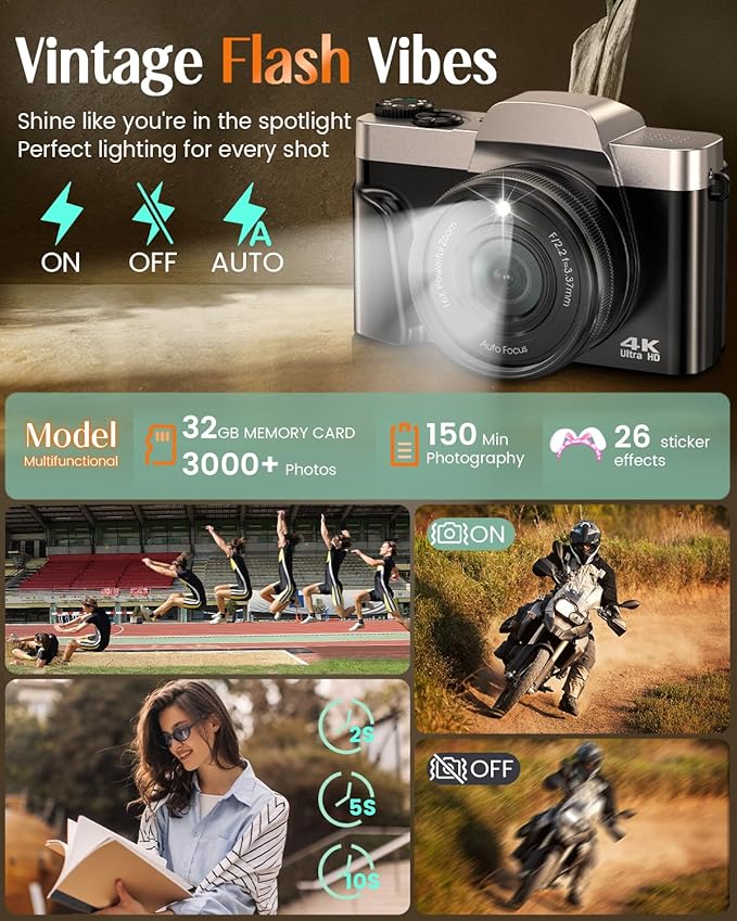 4K Digital Camera for Photography with WiFi,64MP Autofocus Vlogging Camera for YouTube,3'' 180° Flip Screen Compact Travel Camera for Teens with 32GB SD Card,16X Zoom,Anti-Shake,2 Batteries(Charcoal)-CubbioJoy