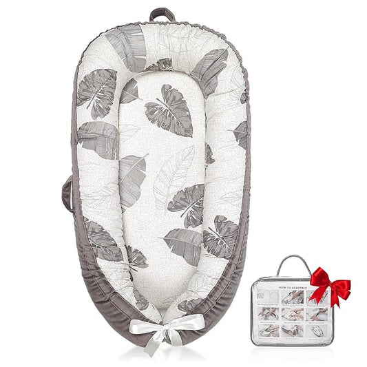 Baby Lounger | Organic Cotton Infant Lounger | Reversible, Adjustable & Portable Floor Lounger | Soft, Breathable, Washable Cover-Grey Leaves-CubbioJoy