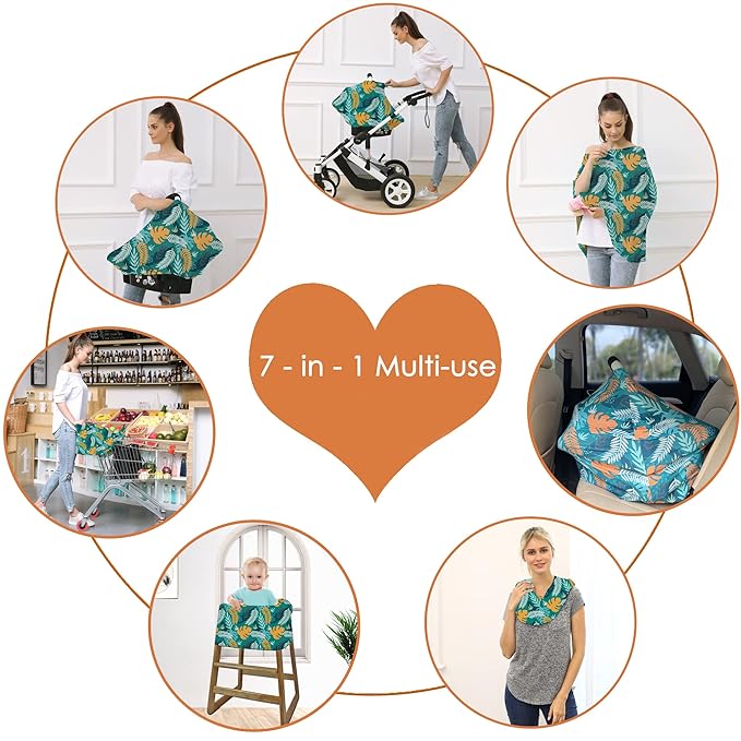 Carseat Cover Boy and Girls - Multi-use Nursing Car Seat Canopy Cover for Breastfeeding, Infant Stroller Cover, High Chair Cover (Green Leaves)-CubbioJoy