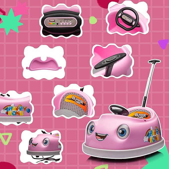 12V Dual Battery Electric Ride on Kids Bumper Car w/Remote Control,360 Degree Spin,Push Rod Rocker Horse Function,3-Speeds Babies & Toddlers Bumping Car Ride on Toy Gift for 1-4 Years Children (Pink)-CubbioJoy