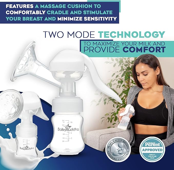 BabyBuddha Manual Breast Pump, Single Hand Expression Breastmilk Pump, Cordless and Portable, No Batteries or Power Needed, Soft Silicone Massage Cushion, BPA Free, Quiet, Dishwasher Safe, 1 Pack-CubbioJoy