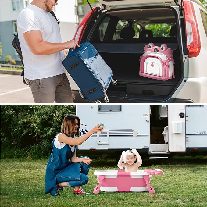 Collapsible Baby Bathtub for Newborns to Toddler with Real-time Temp Monitor & Floating Cushion,Portable Travel Tub for 0-36 Month, Foldable Baby Bath Tub for Infants Girl (Pink)-CubbioJoy