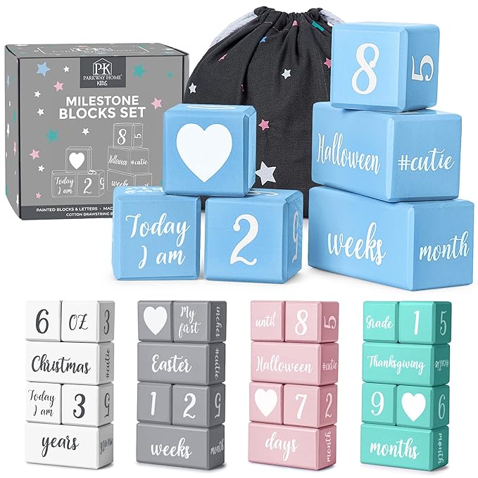 Blue Baby Monthly Milestone Blocks. Baby Age Blocks for Girl or Boy Baby Photo Props and Baby Shower. Month Baby Milestone Blocks with Grammatically Correct Month and Year-CubbioJoy
