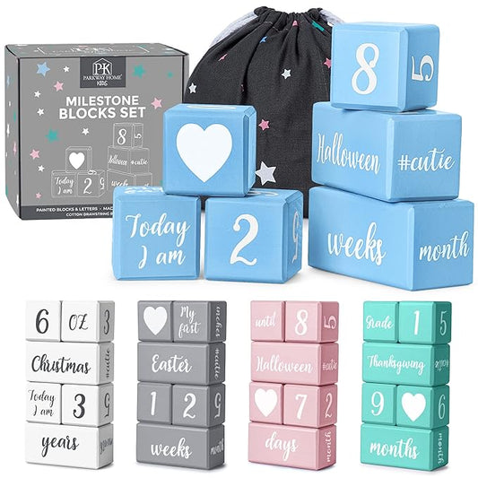 Blue Baby Monthly Milestone Blocks. Baby Age Blocks for Girl or Boy Baby Photo Props and Baby Shower. Month Baby Milestone Blocks with Grammatically Correct Month and Year-CubbioJoy