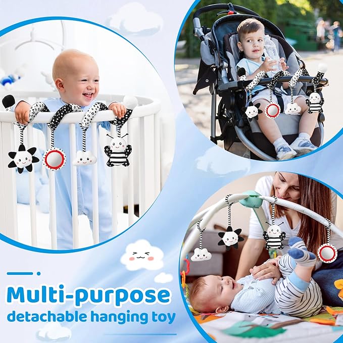Car Seat Toys Hanging and Stroller Toys for Babies 0-6 Months，High Contrast Baby Toys for Newborn 0 3 Months Brain Development,Black and White Baby Toys for Crib Mobile，Infant Ideal Gift-CubbioJoy