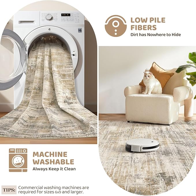 Area Rug for Living Room: 5x7 Thickened Washable Neutral Abstract Modern Soft Rugs Non Slip Indoor Floor Stain Resistant Carpet for Bedroom Dining Room Office Nursery - Golden Brown-CubbioJoy