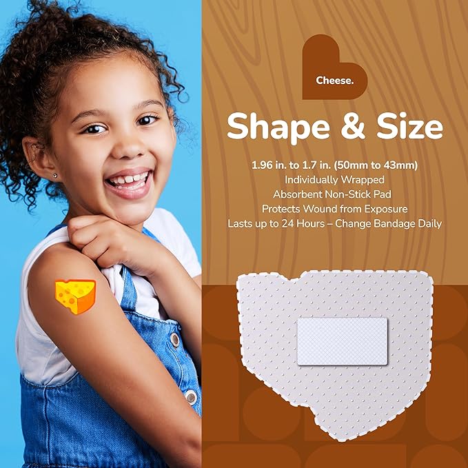 BioSwiss Bandages, Cheese Shaped Self Adhesive Bandage, Latex Free Wound Care, Fun First Aid Kit Supplies for Kids and Adults, 50 Count-CubbioJoy