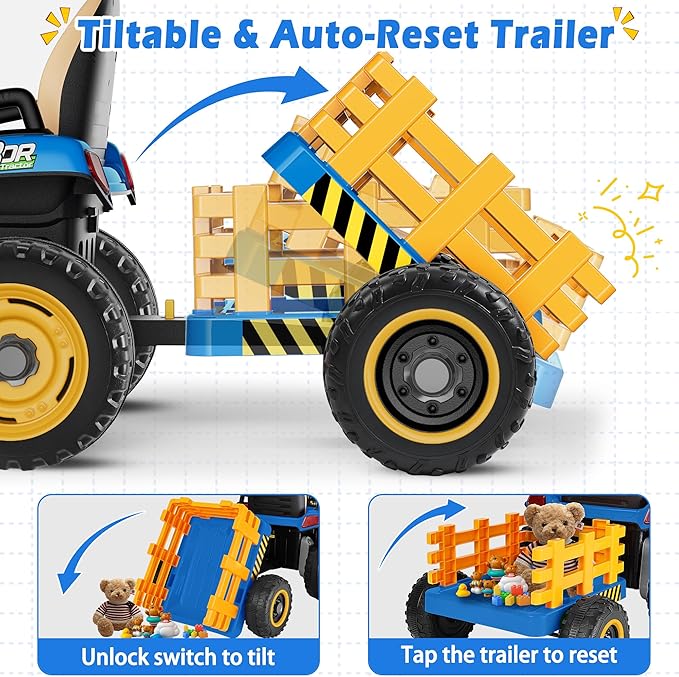 24V Ride On Tractor w/Tiltable & Detachable Trailer, 2x65W Motors, EVA Tires, Remote Control, Bluetooth, Shifter, Music, Electric Car for Kids Ages 2-5, Blue-CubbioJoy