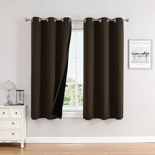 ChrisDowa 100% Blackout Curtains 63 inch Long for Bedroom with Black Liner, 2 Thick Layers Total Blackout Thermal Insulated Grommet Window Curtains 2 Panels Set (Brown, 38 x 63 Inch)-CubbioJoy