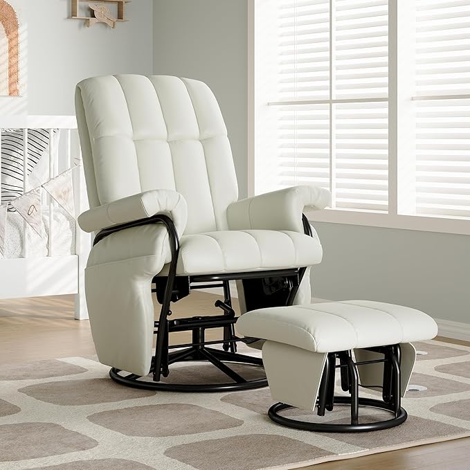 AODAILIHB Swivel Glider Recliner with Ottoman, 360 Rocking Chair with Foot Rest Recliner Chair Indoor Rocking Chair with Side Pockets Nursery Chairs for Living Room, Bedroom, Office (White)-CubbioJoy