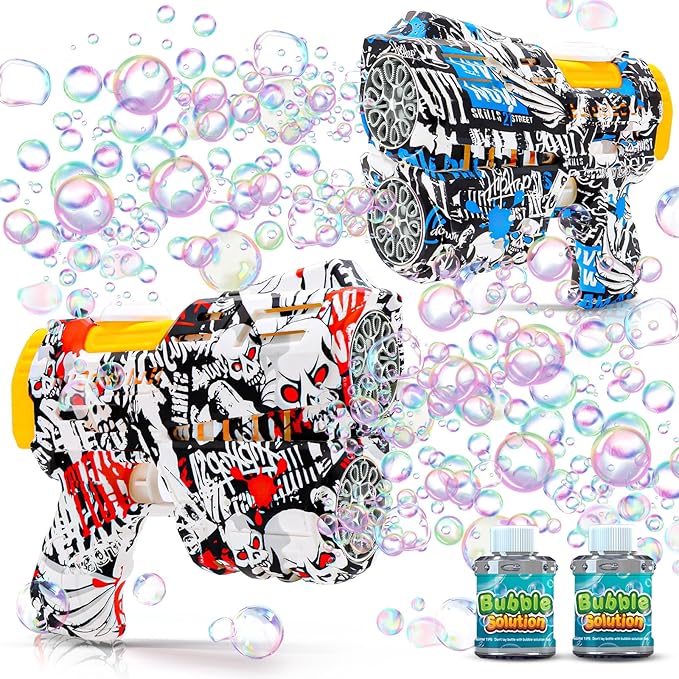 2 Pack Bubble Guns for Kids, Rechargeable LED Light Up Graffiti Bubbles Machine Blower with 2 Bottles Refill Solution for Kids 4-8, Bubble Makers Blaster for Toddlers-CubbioJoy