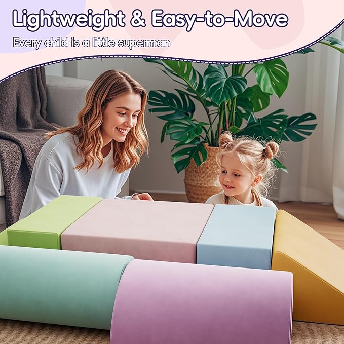 6 Piece Foam Climbing Blocks for Toddlers, Baby Climbing Gym with Ultra High Density Foam for Crawling and Sliding, Indoor Soft Play Set for Infant, Babies & Kids (Multicolor A, 6-Piece)-CubbioJoy