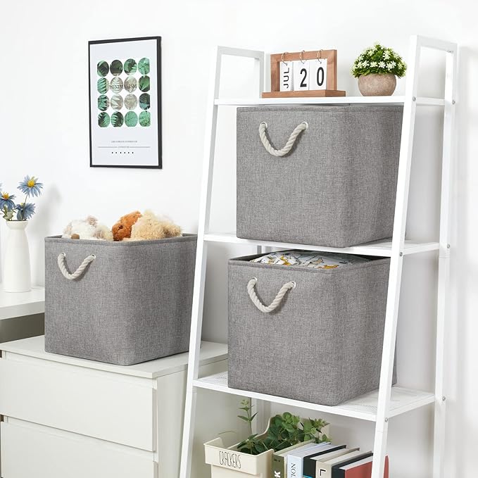 Bidtakay Grey Baskets Foldable Storage Cube Bins 13x13x13 Cube Storage Organizer Closet Set of 3 Fabric Storage Baskets for Home Office Large Baskets for Nursery Baby Toy Storage-CubbioJoy