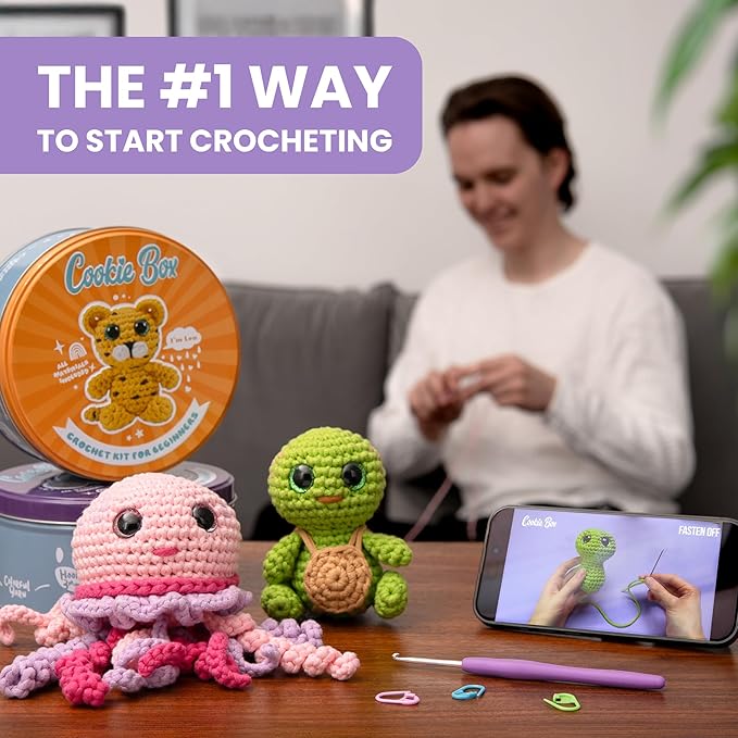 Cookie Box Crochet Kit for Beginners - Learn to Craft Amigurumi Stuffed Animals - Knitting Gift for Kids and Adults - Beginner-Friendly Yarn - Stitch-by-Stitch Video Tutorial - Jellyfish Jenny-CubbioJoy