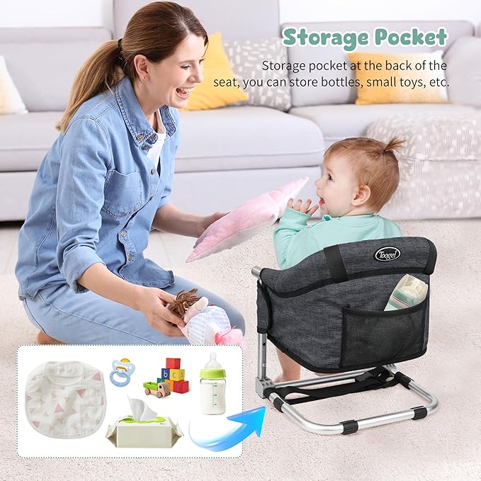 Booster Seat for Dining Table: Portable Toddler Booster Chair with Safety Buckle and Height Adjustable, Foldable Baby Feeding Chair, Kids High Chair Booster Seat for Kitchen Home Travel - Black-CubbioJoy