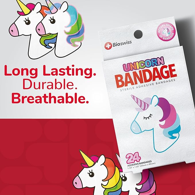 BioSwiss Bandages, Unicorn Shaped Self Adhesive Bandage, Latex Free Sterile Wound Care, Fun First Aid Kit Supplies for Kids, 24 Count-CubbioJoy