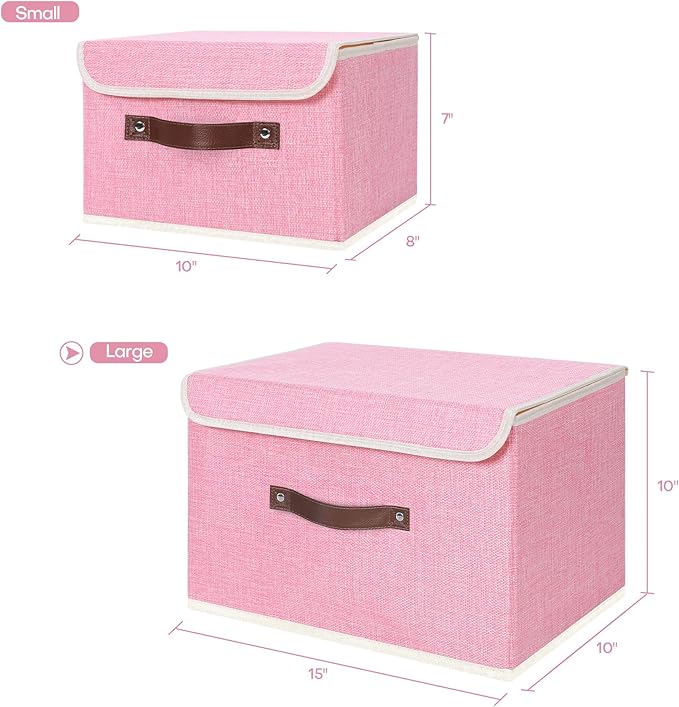 ANMINY Storage Bin with Lid Storage Boxes with PU Leather Handles PP Plastic Board Decorative Foldable Lidded Cotton Linen Fabric Home Cubes Baskets Closet Organizer Container - Pink, Large Size-CubbioJoy
