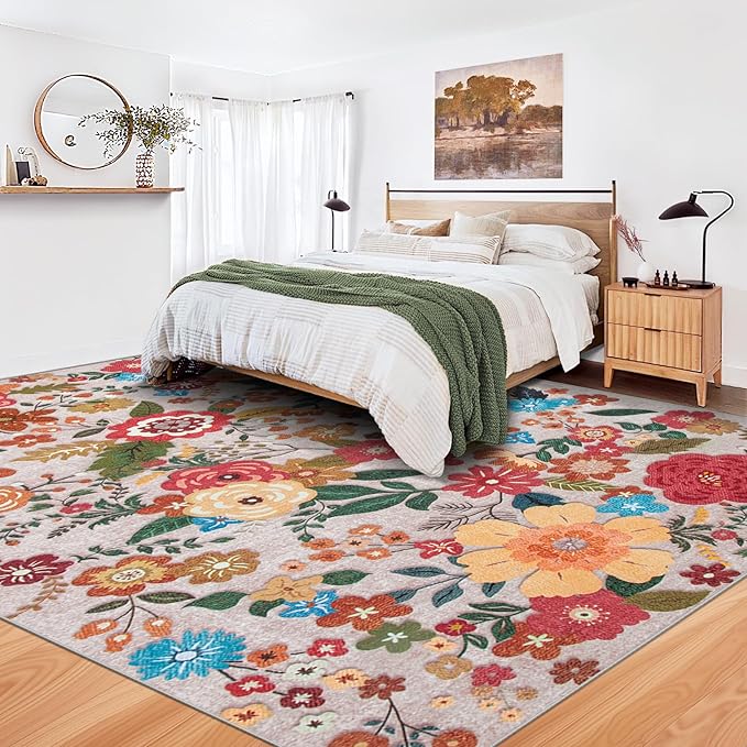 8x10 Area Rug for Living Room: Vintage Floral Washable Rug Soft Boho Non Slip Carpet Large Indoor Floor Non Shedding Low Pile Thin Carpets for Bedroom Dining Room Farmhouse Nursery Home Office Beige-CubbioJoy