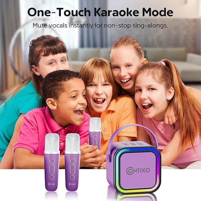 Contixo KS1A Kids Mini Karaoke Machine with LED Lights, 7–10H Playback, Dual Wireless Mics, Magic Voice Effects, Bluetooth Speaker for Children, Portable Singing Toy Gift for Boys & Girls, Purple-CubbioJoy