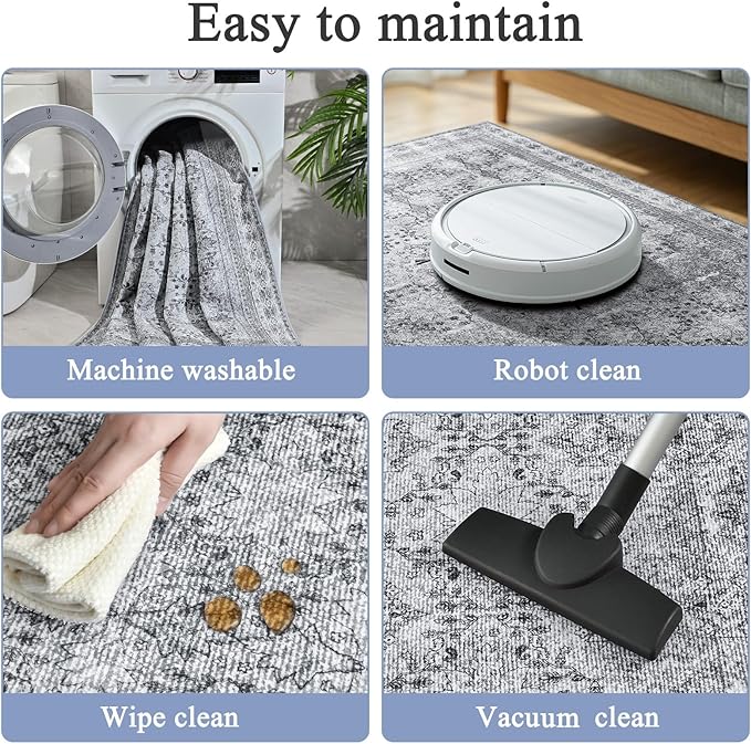 4x6 Area Rug for Bedroom Machine Washable, Non Slip Vintage Floral Kitchen Rugs for Dining Room,Rustic Indoor Floor Carpet for Kids Room, Playroom, Office Classroom Faded Grey-CubbioJoy