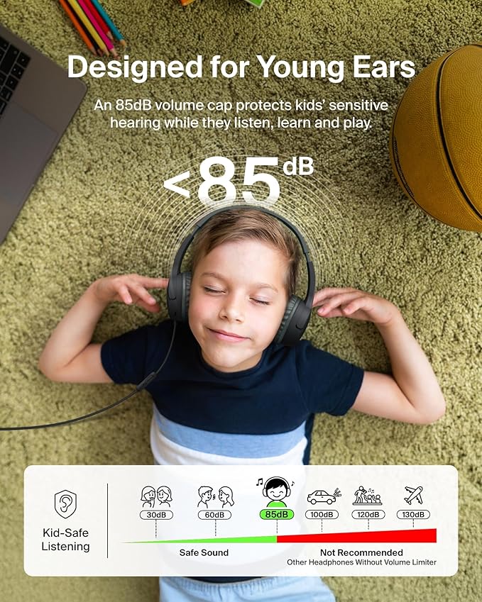 Belkin SoundForm Mini Kids Wired Headphones w/USB C to 3.5mm Dongle, Built-in Mic & Fun Stickers, 85dB Max Volume – for Online Learning, Travel, Compatible w/iPhone 16, iPad, Galaxy S25, etc - Black-CubbioJoy
