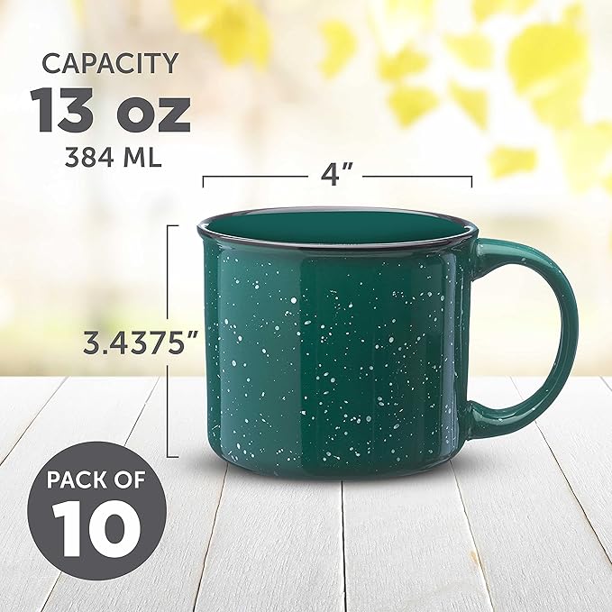 DISCOUNT PROMOS Ceramic Campfire Coffee Mugs 13 oz. Set of 10, Bulk Pack - Perfect for Tea, Espresso, Cappuccino, Hot Cocoa - Green-CubbioJoy