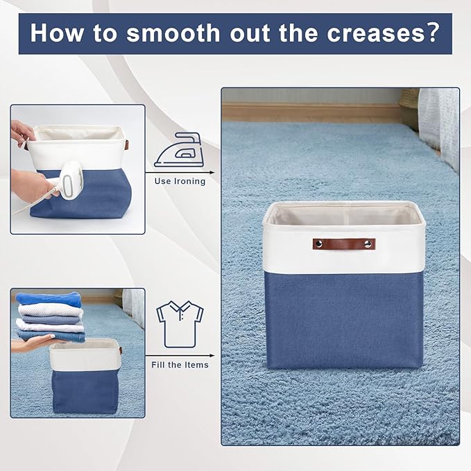 13x13 Cube Storage Bins, Collapsible Fabric Storage Box, 4 Pack Closet Baskets with Handles for Organizing, Shelf, Toys, Clothes, Home, Office, Nursery (NavyBlue&White)-CubbioJoy